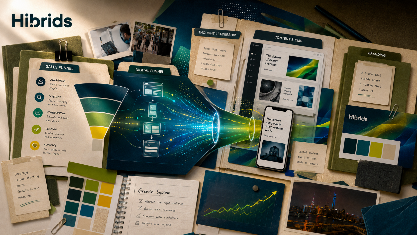 Hibrids rebrand and growth system spanning thought leadership, content, web and sales funnel